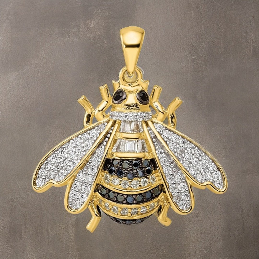 14k Yellow Gold & White Rhodium Bumblebee Pendant - Textured Polished Finish, 20mm X 15mm, 0.56 Grams - View #10