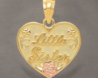 14k Two-tone Heart Pendant for Little Sister - Gift Box Included Real Gold (Not Plated or Filled)