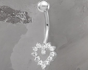 10k White Gold Heart Shaped CZ Belly Ring / 10k Heart Belly Button Ring / Gold Navel Ring / Heart Belly Ring Real Gold Gift Box Included