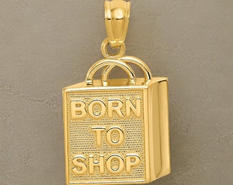 14K Gold Shopping Bag Pendant - Born to Shop Jewelry - Gift Box Included Real Gold (Not Plated or Filled)