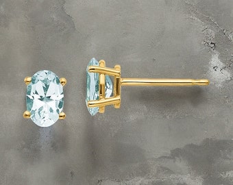 Genuine 14k Yellow Gold or 14k White Gold 6x4mm Aquamarine Earrings March Birthstone Studs- Gift Box Included - Ships Next Business Day