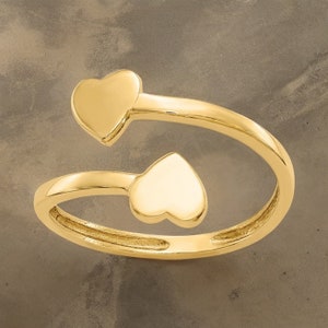 14k Yellow Gold Double Hearts Solid Toe Ring - Gold Toe Ring with Hearts Adjustable Double Heart Toe Ring - Gift Box Included - Made in USA