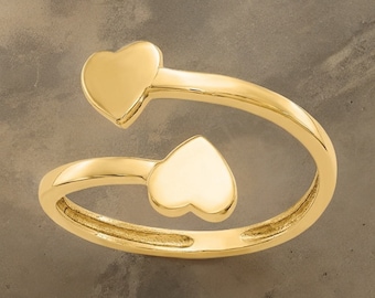 14k Yellow Gold Double Hearts Solid Toe Ring - Gold Toe Ring with Hearts Adjustable Double Heart Toe Ring - Gift Box Included - Made in USA