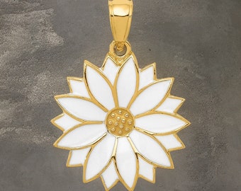 Charming 14k Enameled White Daisy Flower Pendant - Floral Gold Jewelry - Gift Box Included Real Gold (Not Plated or Filled)