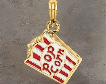 14K 3-D Enameled Bag of Popcorn Charm - Fun and Whimsical Popcorn Lover's Jewelry - Gift Box Included Real Gold (Not Plated or Filled)