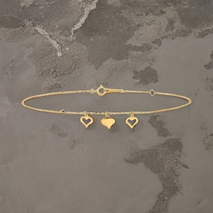 14k Yellow Gold 3 Heart Anklet 9 inches w/ 1 inch Extension - Gift Box Included