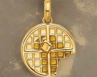 14k Yellow Gold Fancy Waffle With Bite - Delightful Food-Inspired Charm Jewelry - Gift Box Included Real Gold (Not Plated or Filled)