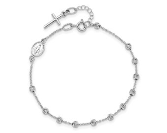 Children's Polished Cross Rosary 6 inch w/ .75in ext Bracelet 14k White Gold (not plated or filled) White Gold Rosary Bracelet