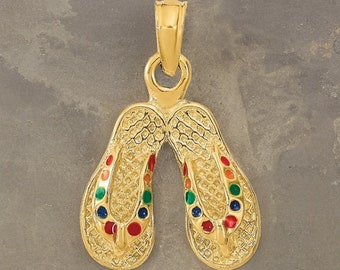 14k Gold 3D Double Flip-Flop Charm with Vibrant Multi-Color Enamel - Gift Box Included Real Gold (Not Plated or Filled)