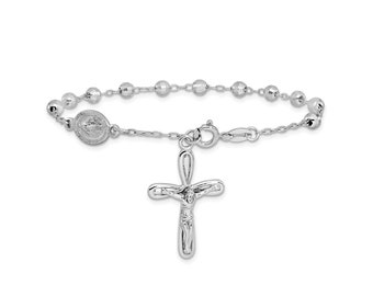 Sterling Silver Polished Cross Rosary 7.5 inch Bracelet - Gift Box Included / Silver Cross Diamond Cut Bead Bracelet /  Polished Cross
