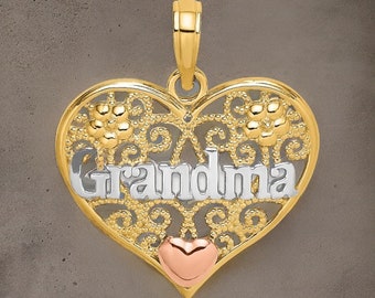 14k Two-tone White Rhodium Heart Charm with 'GRANDMA' - Gift Box Included Real Gold (Not Plated or Filled)