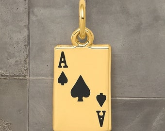 Stylish 14k Gold Enameled Ace of Spades Card Charm Pendant - Gift Box Included Real Gold (Not Plated or Filled)