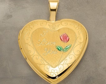 14K Gold Rose Heart Locket - 16mm I LOVE YOU Pendant with Polished and Satin Finish - Gift Box Included Real Gold (Not Plated or Filled)