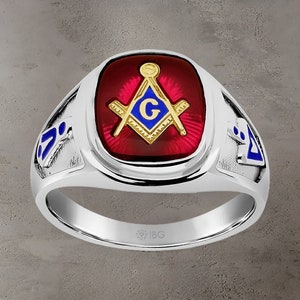 Stunning Sterling Silver Masonic Ring with Red Spinel - Freemason Symbolic Jewelry - Gift Box Included