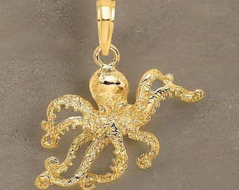 14K Textured Octopus Charm: Ocean's Elegance - Gift Box Included Real Gold (Not Plated or Filled)