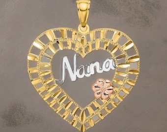 14k Two-Tone Heart Charm with White Rhodium and Flower Accents for NANA - Gift Box Included Real Gold (Not Plated or Filled)