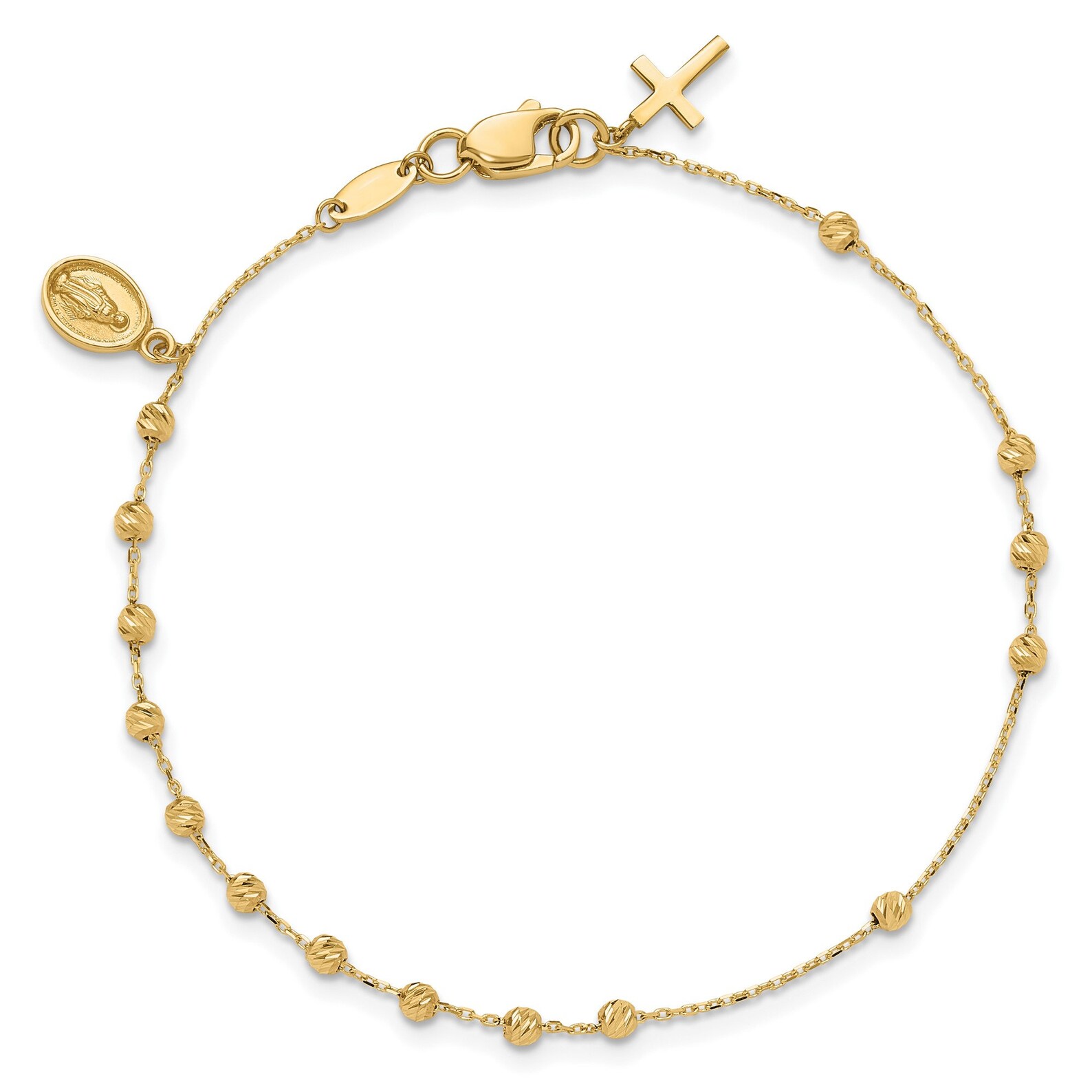 14kt Yellow Gold Polished Cross Rosary Bracelet, 7.5 Inch Cable Chain - Italy