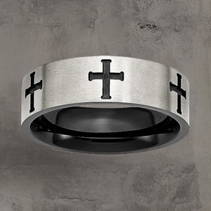 Mens Stainless Steel Brushed and Polished Black Crosses 7mm Band  Gift Box Included Sizes 7-13 Available Inside Engraving Black Wedding Band