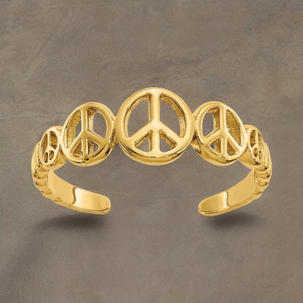 14k Yellow Gold Solid World Peace Toe Ring Band- Gift Box Included - Made in USA - Peace Sign Toe Ring - Real Gold (Not Plated)