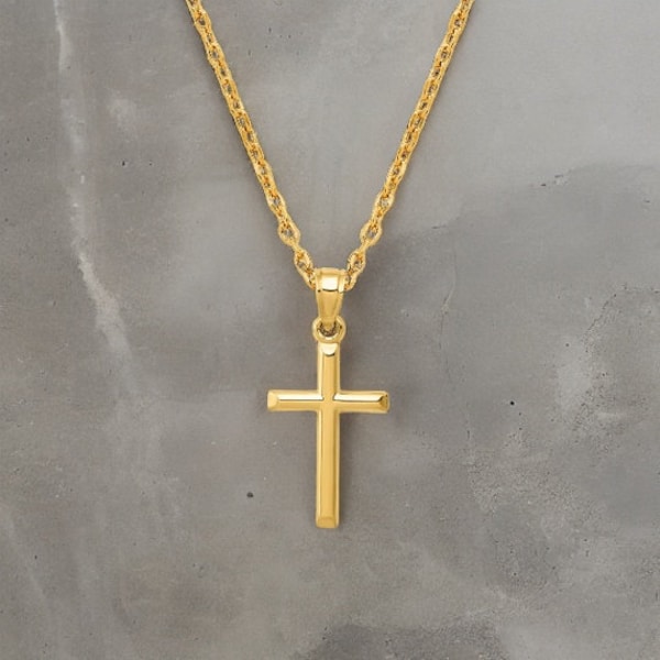 14k Yellow Polished Cross Pendant w/ Box Chain or Cable Chain -14k Gold Chain and Cross - Gift Box Included - Real Gold Cross (Not Plated)