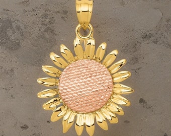 Radiant 14k Two-tone Polished Sunflower Pendant - Floral Gold Jewelry - Gift Box Included Real Gold (Not Plated or Filled)