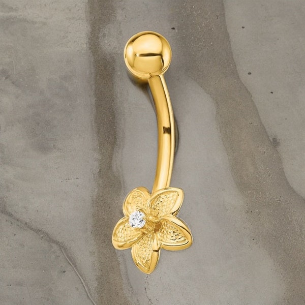 14k Yellow Gold Flower CZ Belly Ring / 14k Flower Belly Button Ring / Gold Navel Ring / Belly Ring Real Gold Gift Box Included