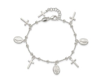 Sterling Silver Polished Cross Rosary 7.5 inch Bracelet - Gift Box Included / Silver Cross Diamond Cut Bead Bracelet /  Polished Cross