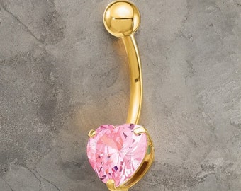 10k Yellow Gold Pink Heart CZ Belly Ring Dangle / 10k Heart Belly Button Ring / Gold Navel Ring / Real Gold Gift Box Included