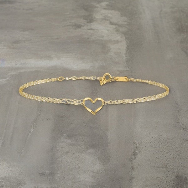 14k Yellow Gold Double Strand Heart Anklet w/ 1 inch Extension / 14k Double Strand Ankle Bracelet / Gold Heart Anklet / - Gift Box Included