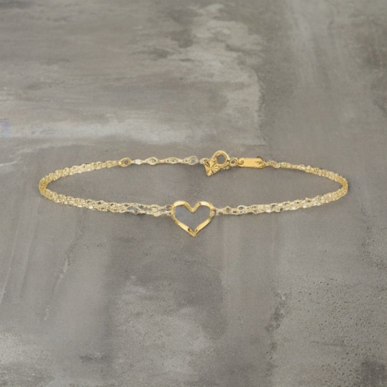14k Yellow Gold Double Strand Heart Anklet w/ 1 inch Extension / 14k Double Strand Ankle Bracelet / Gold Heart Anklet / Gift Box Included image 1