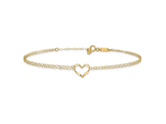 14k Yellow Gold Double Strand Heart Anklet W/ 1 Inch Extension - Etsy