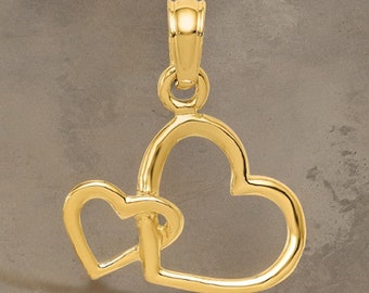 Solid 14K Yellow Gold Polished Intertwined Double Heart Pendant / Gift Box Included / Made in USA