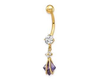 10k Yellow Gold or 10k White Gold Square Amethyst CZ Belly Dangle / 10k Amethyst Belly Button Ring / Gold Navel Ring /Belly Ring Real Gold