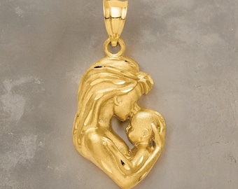 14K Brushed Diamond-Cut Mom and Baby Pendant - Gift Box Included Real Gold (Not Plated or Filled)