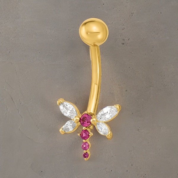 14k Yellow Gold  Dragonfly CZ Belly Ring / 14k Dragonfly Belly Button Ring / Gold Navel Ring / Belly Ring Real Gold Gift Box Included