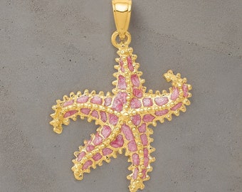 Elegant 14K Pink Enameled Starfish Pendant - Vibrant Gold Coastal Jewelry - Gift Box Included Real Gold (Not Plated or Filled)