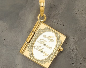 Charming 14K Enameled 3D Moveable 'My Love Story' Book Pendant - Gift Box Included Real Gold (Not Plated or Filled)