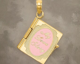 Enchanting 14K Enameled 3D Moveable 'My Love Story' Book Pendant - Gift Box Included Real Gold (Not Plated or Filled)