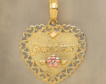 14k Two-Tone 'GRANDMA' Heart Pendant with Flower Charm - Gift Box Included Real Gold (Not Plated or Filled)