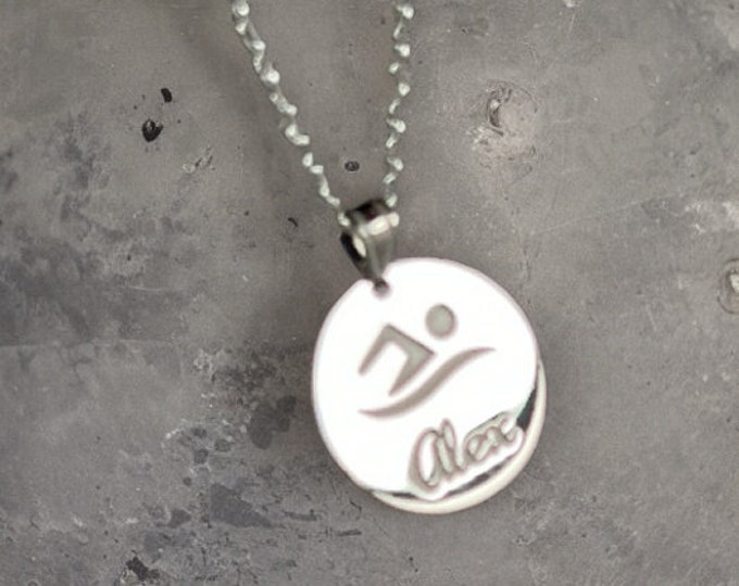 Personalized Swimmer Pendant w/ Name & Necklace included  in Sterling Silver , Gold Plated or 10k Gold Laser Engraved - Gift Box Included