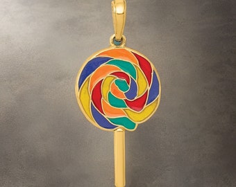 14k 3D Enameled Lollipop Pendant - Sweet and Playful Candy Charm - Gift Box Included Real Gold (Not Plated or Filled)