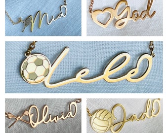 Sports Name Necklace Football Basketball Baseball Soccer Volleyball Tennis Music (MADE IN USA) Gift for Athlete Graduation