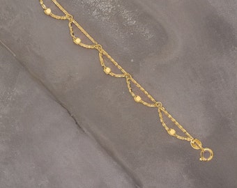 14K Yellow Gold Adjustable Diamond-cut Fancy Anklet -  Stations and Charming Details - Gift Box Included Real Gold (Not Plated or Filled)