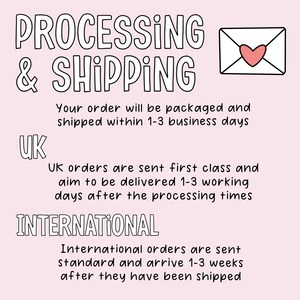 May include: A light pink graphic with the words "PROCESSING & SHIPPING" in a whimsical font. The text describes order packaging and shipping times, with a UK and International section. An envelope with a heart is in the top right.