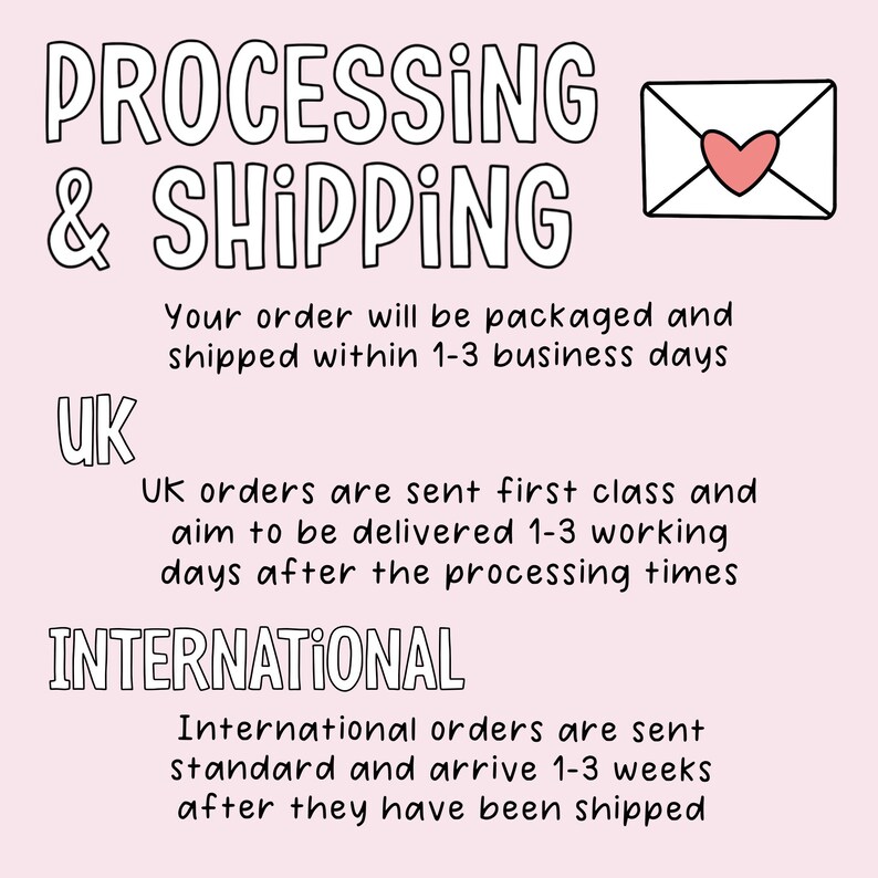 May include: A light pink graphic with the words "PROCESSING & SHIPPING" in a whimsical font. The text describes order packaging and shipping times, with a UK and International section. An envelope with a heart is in the top right.