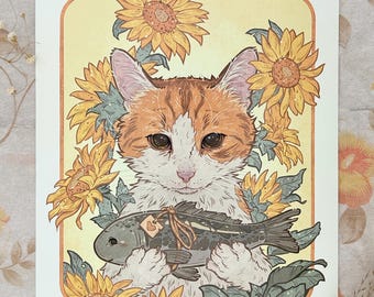 オレンジ色の猫のアートプリント：ひまわりのアールヌーボー壁装飾