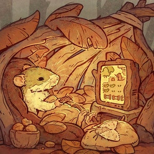 May include: A cartoon mouse sits in a cozy, wooden chair in a forest setting, playing a video game on a rustic, wooden TV. The mouse is wearing a brown shirt and has a green head. The TV screen shows a pixelated game with trees and a heart symbol. The scene is lit by a warm, golden light.