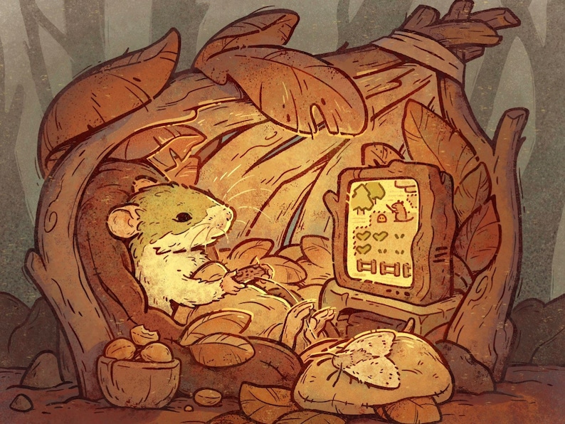 May include: A cartoon mouse sits in a cozy, wooden chair in a forest setting, playing a video game on a rustic, wooden TV. The mouse is wearing a brown shirt and has a green head. The TV screen shows a pixelated game with trees and a heart symbol. The scene is lit by a warm, golden light.