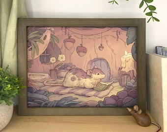 Reading Rat Art Print: Whimsical Storybook Illustration