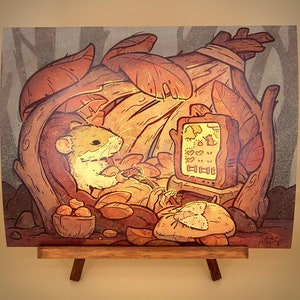 May include: A cartoon illustration of a mouse playing a video game on a television screen in a cozy forest setting. The mouse is sitting in a chair with a controller in its hands. The television screen shows a pixelated game with hearts and a character that looks like a mouse. The scene is set in a forest with trees and leaves.